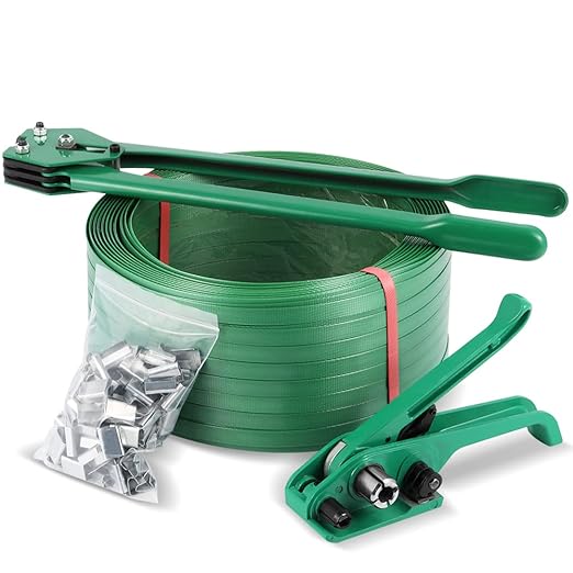 5/8" x 1049' Polyester (PET) Banding Strapping Kit, Heavy Huty | Pallet Packaging Kit, 1100lbs Strapping Tool, Tensioner Crimper Sealer Tool with 100 Metal Seals, 100 Protector Corners