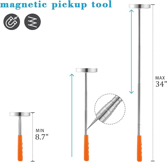 2 Pack Telescoping Magnetic Sweeper Pickup Tool, Screws Parts Finder with 35LB Pull Capacity, Retractable 8.6" to 33" with Strong Magnet, Pick up Screws, Metal Parts, Orange