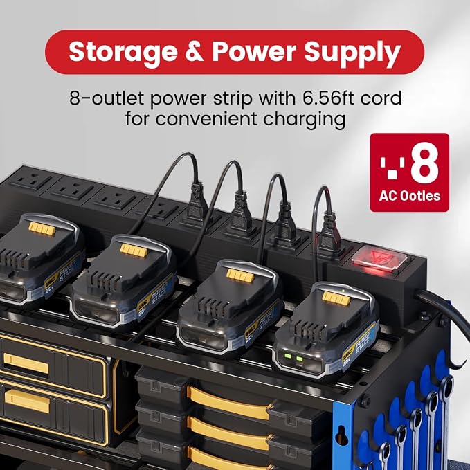 53" Power Tool Organizer Wall Mount with Power Strip,Blue Heavy Duty Metal Tool Shelf, 400lbs Capacity for Cordless Drills, Batteries & Garage Storage (12 Slots with 8 Outlets Power Strip)