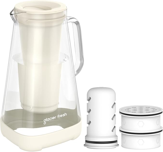 GLACIER FRESH 10 Cup Purela Glass Water Pitcher with 1 Ultrafiltration Membrane and 2 Activated Carbon Filter
