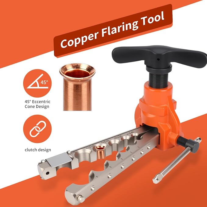 Flare Tool, HVAC Pipe Expander Tool, 45° Eccentric Type Flare Tool | Brake Line Flaring Tool Kit, With clamps and limit stops for 1/4"–3/4" and 6–19mm, For HVAC repair and installation.