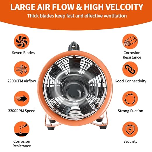 8Inch Utility Blower Fan with 25ft Flexible Duct Hose, 1500 m3/h High Velocity Portable Industrial Exhaust Fanial Extractor for Basements,Workshops,Warehouses,Confined Spaces (8IN Fan+25FT Hose)