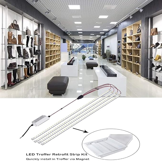 Magnetic LED Troffer Retrofit Kit 2x4FT,72W LED Tube Retrofit kit,150LM/W,5000K Daylight,0-10V Dimmable,T8 T10 T12 Fluorescent Replacement,UL Cert,Easy to Install