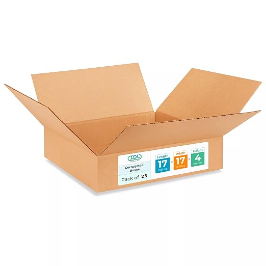Medium Shipping & Moving Boxes 17"L x 17"W x 4"H (25-Pack) - Extra Strength 200 lb vs Regular - USA-Made Corrugated Packing Boxes for USPS/UPS/FEDEX - Heavy Duty Carton Moving Box by IDL Packaging