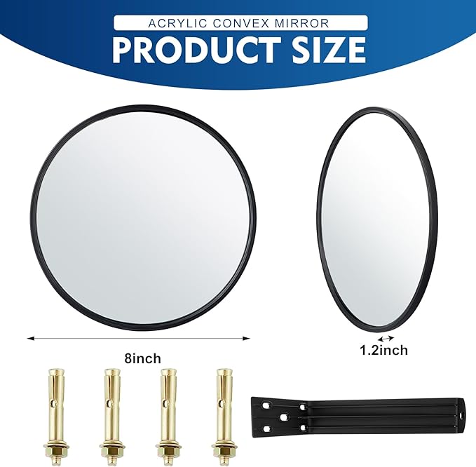 Maitys 2 Pcs Convex Mirror Acrylic Safety Security Traffic Garage Corner Mirror Adjustable Wide Angle View Mirror with Fixing Bracket for Indoor Outdoor School Classroom Warehouse (8 Inch)