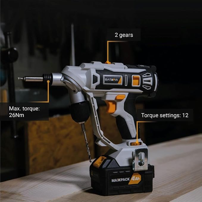 BATAVIA 20V 2-in-1 Cordless Drill Driver, Rotatable Dual Chucks for Fast Bit Swapping, Power Drill Set for Home Repairs, Cabinetry and DIY Projects, 11+1 Torque, 2-Speed, Battery and Charger Included