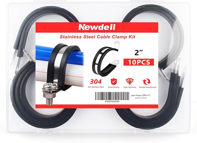Newdeli 10Pcs Cable Clamps 2 Inch Stainless Steel Cable Clamp Rubber Cushioned Hose Clamp Insulated Tube clips Automotive Wire Pipe Clamps