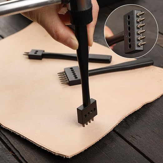 2/4/6 Prong Punch Nylon Head Leather Hammer, Black Leather Prong Punch Tool Leather Craft Carving Hammer, 5mm Lacing Stitching Punch, Round Hole Prong Lacing Stitching Punch for Leather Craft
