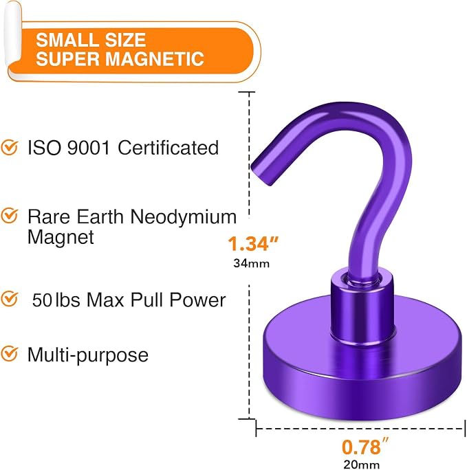 MIKEDE Magnetic Hooks 50Lbs+ Heavy Duty Magnet Hooks for Cruise Cabins | Super Neodymium Hanging Hooks Strong Magnets with Hook for Fridge, Magnetic Hanger for Grill Toolbox Storage Purple 4 Pack