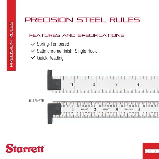 Starrett Spring Tempered Steel Rule with Satin Chrome Finish, Quick Reading and Inch Graduation - 6" Length, 4R Graduation Type, 3/64" Thickness - CH604R-6
