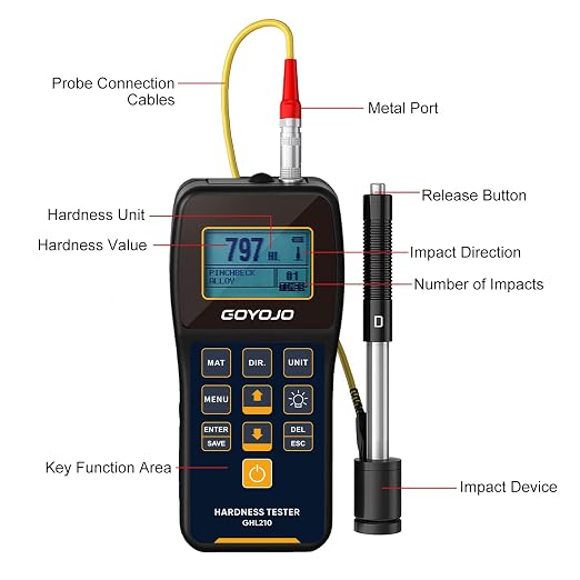 GOYOJO Portable Leeb Hardness Tester -,Hardness Testing Equipment Kit with Test Block, Copper, 7-in-1 HL, HV, HB, HRC, HRB, HRA, HS