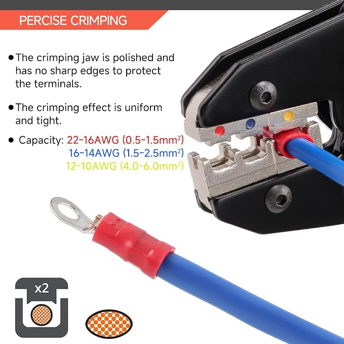 HKS Crimping Tool For Insulated Electrical Connectors - Ratcheting Wire Crimpers - AWG 22-10 (0.5-6.0mm²) - Ratchet Terminal Crimper - Electrical Crimping Tool
