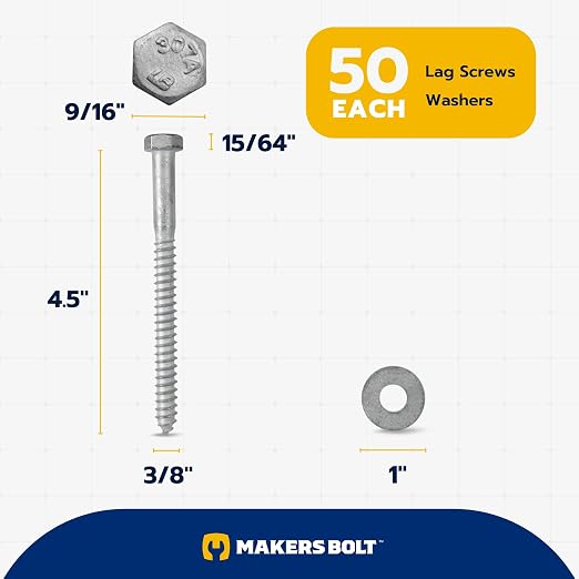 3/8 x 4-1/2 (50 Pack) Lag Screw Kit, 50 Screws and 50 washers, Hot Dip Galvanized, Meets ASME B18.2.1 Industrial/Commercial Grade by Makers Bolt