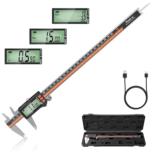 Preciva Digital Caliper 12", Rechargeable Stainless Steel Micrometer | Type-C charging, durable steel body, large LCD with auto-off saves power, in/mm/frac, for 3D-printing machining woodworking