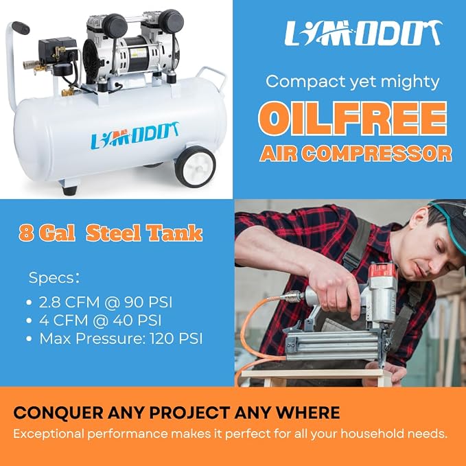 Quiet Oil-Free Air Compressor, 68 dB, 2.8 CFM @ 90 PSI, 8 Gallon Air Tank | Steel Tank Compressor for Woodworking, Nailing, Garage Use, Car Inflation and Pneumatic Tools, Includes Air Hose Kit