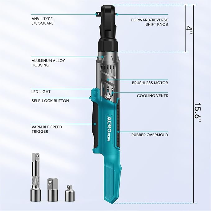 3/8" Cordless Ratchet Wrench for Makita 18V Battery, Brushless Motor | 74Ft-Lbs Electric Ratchet with Variable Speed, 1/2" & 1/4" Adapters, 3" Extension Bar (Tool Only)