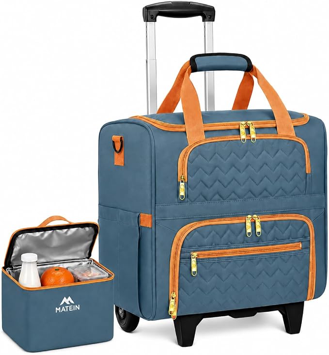 MATEIN Rolling Teacher Tote Bag, 15.6 Inch Rolling Briefcase for Women with Wheels & Detachable Cart, Roller Laptop Bag on Wheels with Insulated Lunch Box for College Business Office, Blue
