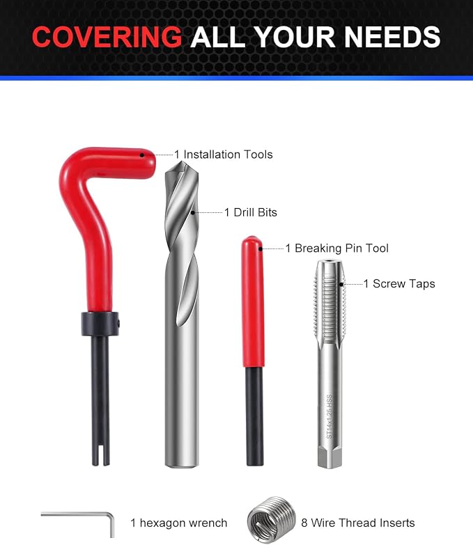 Kolvoii M14×1.25 Helicoil Thread Repair Kit for Spark Plug, Metric M14 Helicoil kit with HSS Drill Bit, Tap & Stainless Steel Inserts for Cylinder Head Engine Spark Plug Stripped Hole Repair