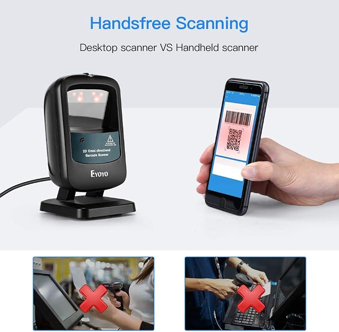 Eyoyo 2D Hands-Free Barcode Scanner, Omnidirectional USB Wired Desktop Barcode Reader 1D 2D PDF417 Data Matrix Bar Code Reader with Automatically Scanning for Retail Store Supermarket Mall Business