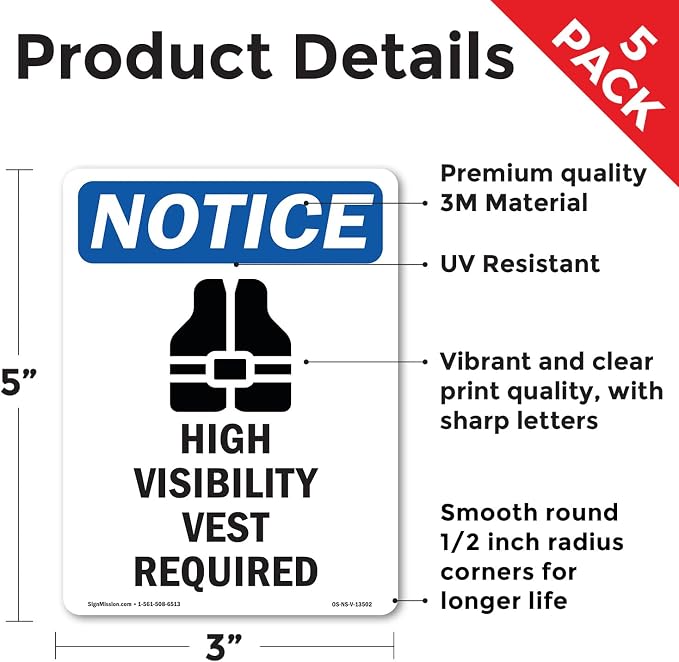 High Visibility Vest With Symbol OSHA Notice Vinyl Decal Label 5 Inch x 3.5 Inch - 5 Pack