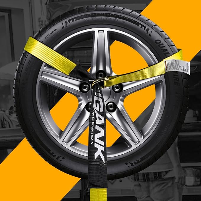 Heavy Duty Car Tie Down Straps (4PK) - 2" x 96" - 3,300 lbs Safe Working Load - Wheel Straps Comes with 5/16" Tow Hooks (Yellow)