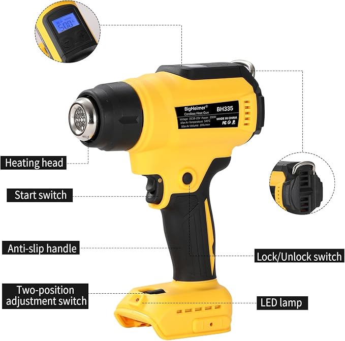 Cordless Heat Gun for DeWalt 20V Battery, 350W Hot Air Gun with Digital LCD Temp Control