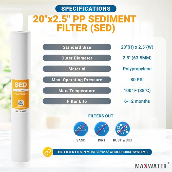 Max Water 5 Micron 20 x 2.5 Sediment Water Filter Cartridge Replacement Polypropylene Cartridge for Whole House Water Filtration/Water Softener Systems - 6 Pack