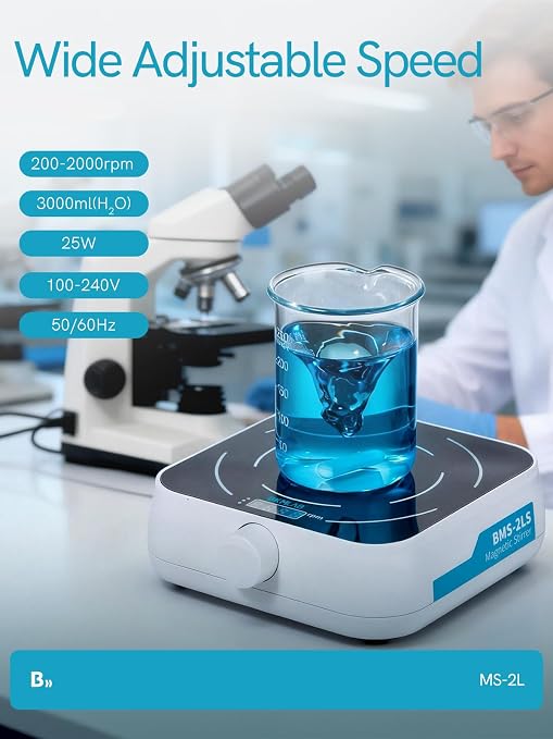 Magnetic Stirrer, 200-2000 RPM Digital Display Magnetic Plate with 3 Stir Bars, Max Stirring Capacity: 3000ml, Magnetic Mixer with Speed Control for Liquid Mixing (No Heating) MS-2L