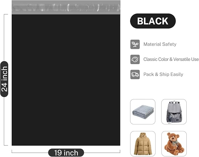 Metronic Large Poly Mailers 19x24 50PCS, Shipping Bags Envelopes Mailers with Self Adhesive Waterproof and Tear-Proof Postal Bags, Black