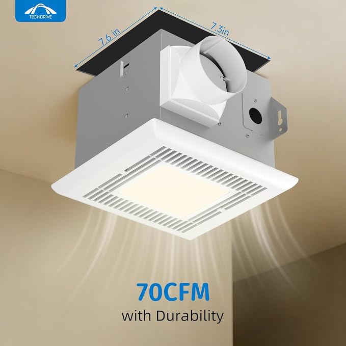 Tech Drive Bathroom Fan with light,Very-Quiet 70 CFM, 2.0 Sone,3 Inch Duct | 600LM 4000K LED light, Ceiling Mounted Ventilation Fan,Easy to Install for Bathrooms Up to 75 Sq. Ft