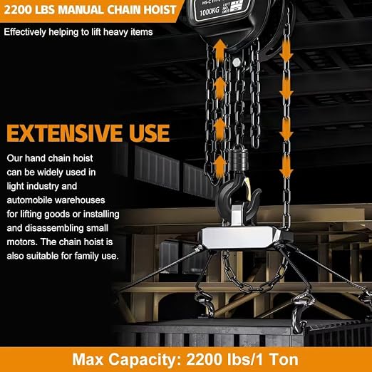 Hand Chain Hoist, Manual Chain Fall，1 Ton 2200 lbs Capacity 10 FT Come Along, G80 Galvanized Carbon Steel，Auto Chain Leading & 360° Rotation Hook for Warehouse Building Automotive Machinery (1T-3M)