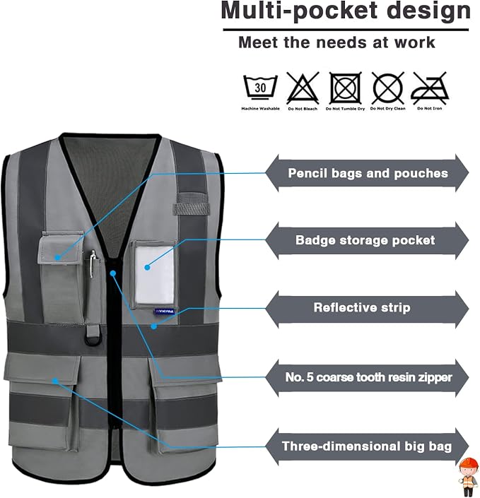 A-SAFETY high visibility reflective vest grey | Grey M Polyester work vest with 7 pockets, black front zipper and reflective strips for project management and surveying.