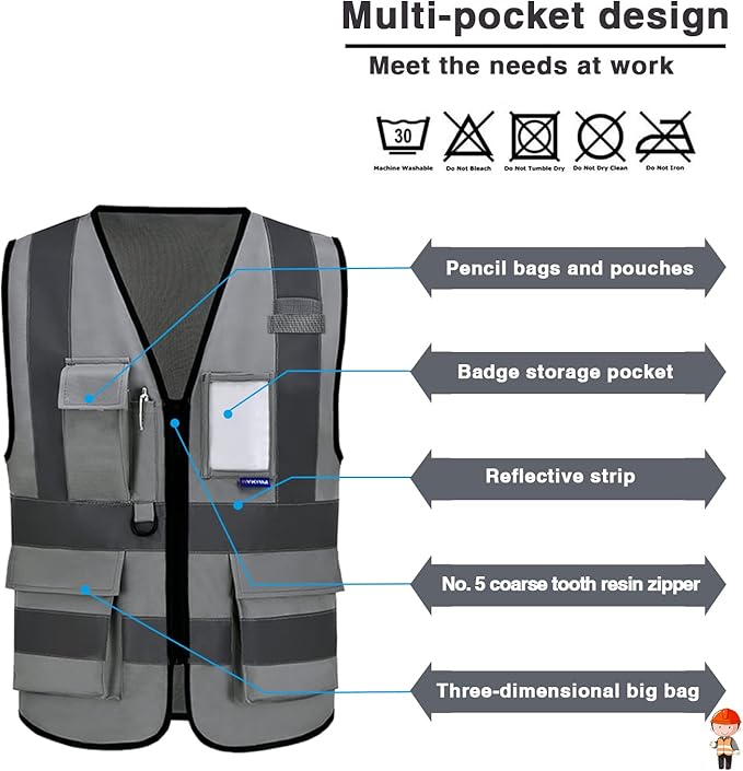 A-SAFETY grey hi vis vest | Grey XL work vest with transparent ID pocket, radio mic loop and reflective strips for site visitors; for men and women.