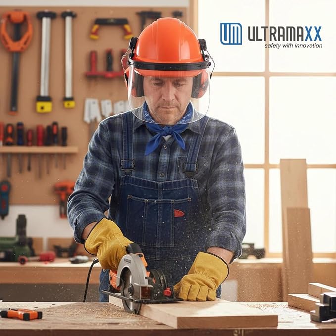 UM ULTRAMAXX 6-in-1 Chainsaw Helmet with Polycarbonate Clear Visor and Ear Muffs, Forestry Safety Hard Hat Kits, ANSI Z89.1 Approved Certified Arborist Helmet, Orange