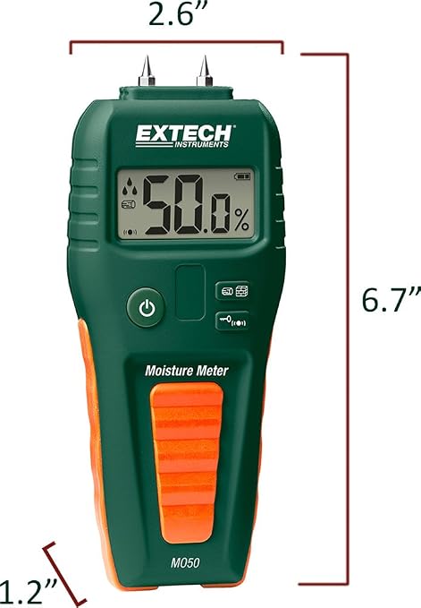 Extech MO50 Compact Pin Moisture Meter - Digital Water Leak Detector for Wood and Building Materials - Audible Alert, Moisture Drop Icons, Self-Test Cap - Handheld Tool