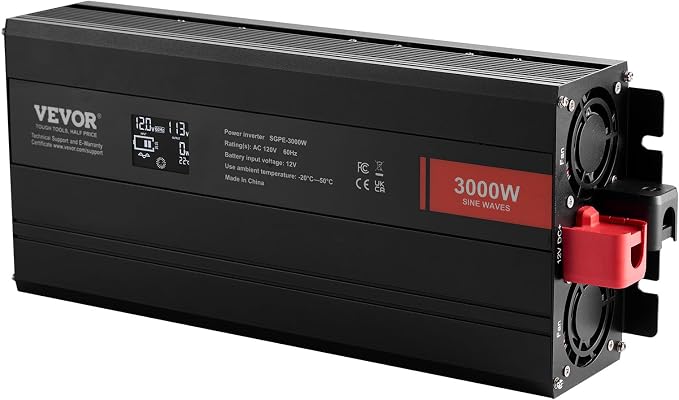 VEVOR 3000W Pure Sine Wave Inverter, DC 12V to AC 120V Power Inverter for Truck RV Off-Grid, Car Inverters with 4 AC, 2 USB, Type-C Port, LCD Display and Remote Controller for Large Home Appliances