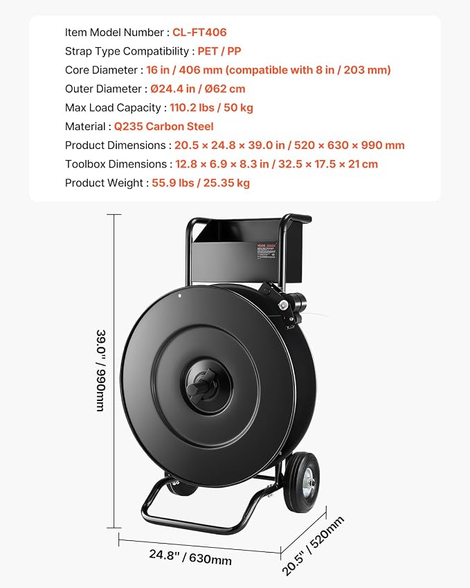 VEVOR Banding Strapping Cart, for PET/PP Coils with 8" or 16" Core, Heavy Duty Strapping Dispenser with Upgrade Drum Brake System, Rubber Wheels and Built-in Spacious Tool Tray, 110 lbs Capacity