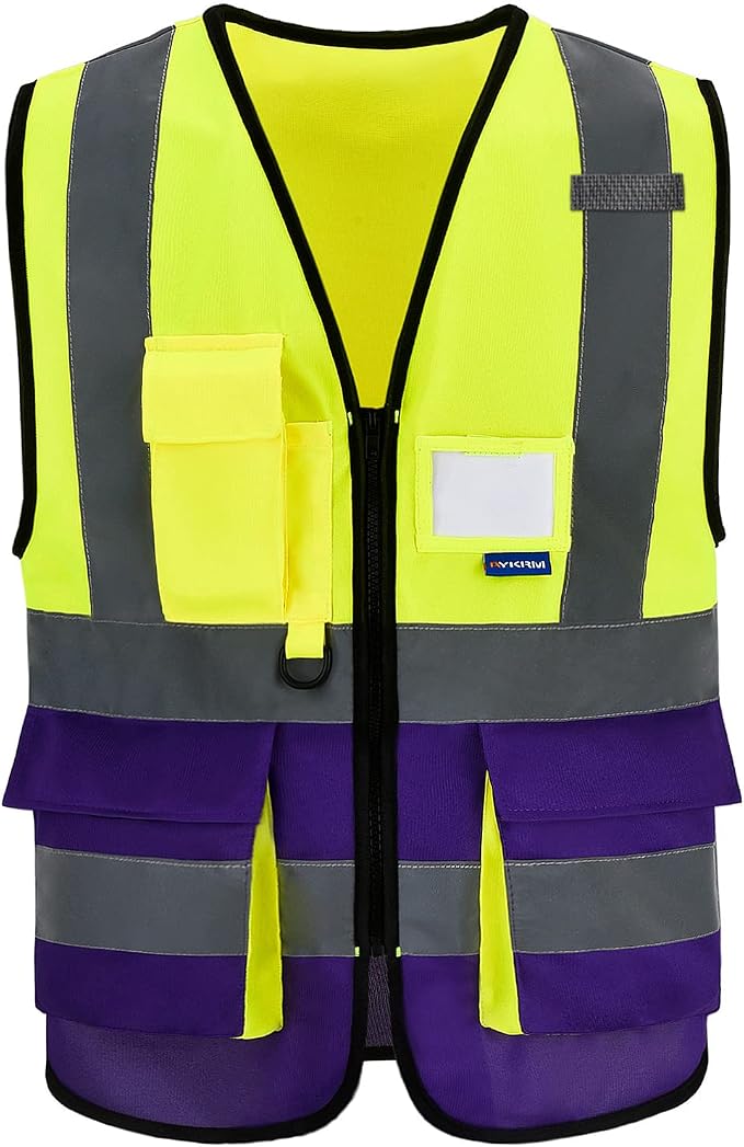 safety vest purple and yellow | Yellow/Purple XL work vest with 7 pockets, reinforced zipper pockets and black front zipper for specialized technicians.