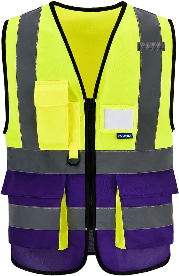 A-SAFETY Hi-Vis Reflective Vest with 7 Pockets, Zipper, Yellow/Purple, 2XL | Yellow/Purple 2XL safety vest with 7 pockets, front zipper and reflective strips for laboratory work; for men and women.