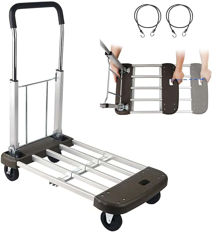 LEADALLWAY Platform Cart Foldable Push Cart Aluminum Adjustable Length Flatbed Cart with Polyurethane Mute Wheel,330-LB Capacity(with 2 Ropes) | Adjustable Length,with Polyurethane Mute Wheel,330-LB Capacity(with 2 Ropes)