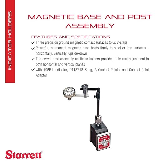 Starrett Magnetic Base Indicator Holder Set with 196B1 Indicator and Swivel Post Assembly - Ideal for Professionals and DIY Home Improvement - 657C