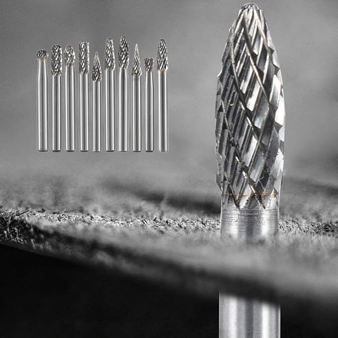 HIDOTOL Carbide Burr Set 10PC 1/4" Shank – 6mm Tungsten Double Cut Carbide Rotary Burr Set for Metal and Wood Carving, Grinding, Polishing, Engraving, Drilling.