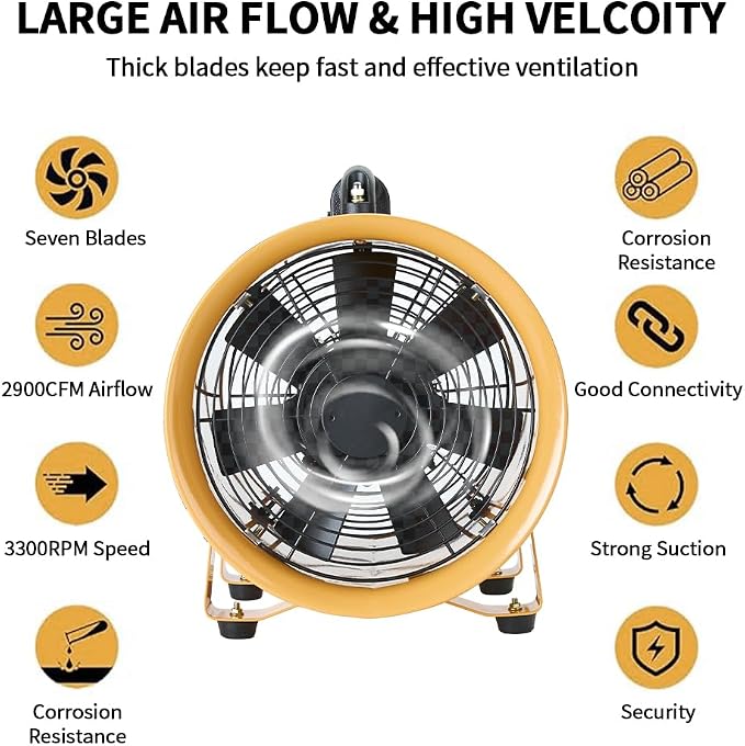 12 Inch Utility Blower Fan 3300RPM Ventilator 3900 m3/h High Velocity Portable Industrial Extractor With 16 ft Flexible Duct Hose