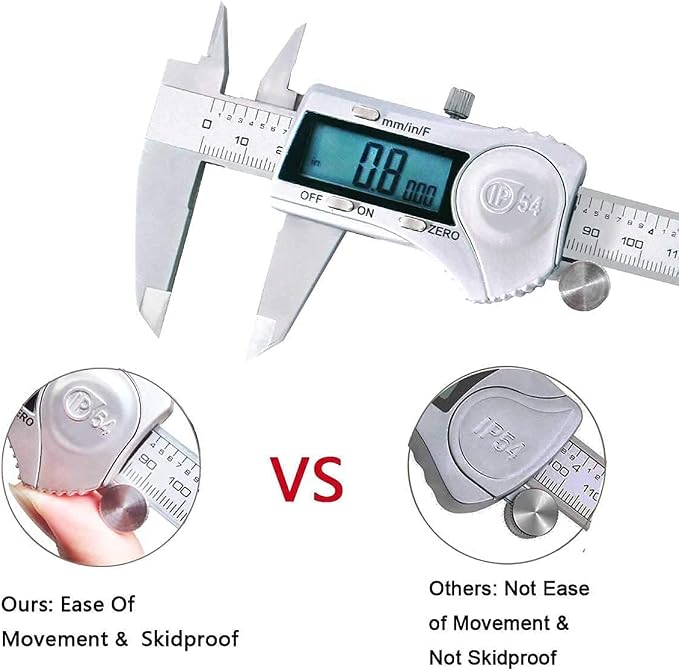 Kynup Caliper, Digital Caliper, Caliper Measuring Tool with Stainless Steel, Easy Switch from Inch Metric Fraction, Large LCD Screen, IP54 Waterproof Protection Design