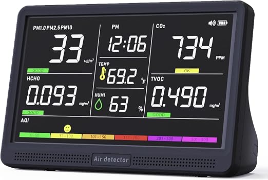 Professional Indoor Air Quality Monitor with 7X AQI Beep Alarms,16 in 1 Portable Real-Time Detector for PM2.5 | PM10 | CO2 | TVOC | HCHO | Temp | Hum for Home Cars Plants Pets (Dark Black)