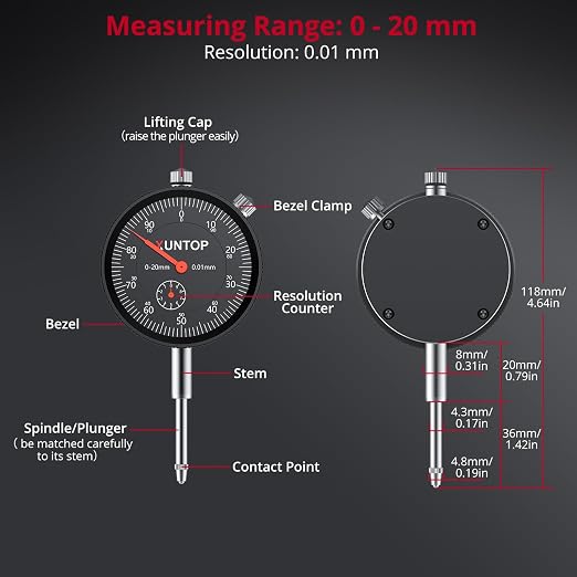 XUNTOP Dial Indicator with 176lbs/80kg Magnetic Base,1inch/0.001inch Imperial Dial Test Gauge Set with Storage Case for Lathe,3D Printer,CNC,Car,Workshop