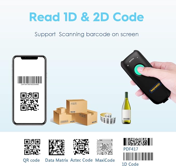 NADAMOO 2D Wireless Barcode Scanner Compatible with Bluetooth, Portable USB 1D 2D QR Code Scanner, Bar Code Image Reader for Tablet iPhone iPad Android iOS PC POS, with Charging Dock - Blue