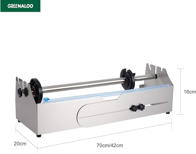 Adjustable Tabletop Stretch Film Dispenser with Cutter, Heavy Duty Stainless Steel Wrapper for 16 to 26 Inch Rolls, Ideal for Warehouse and Shipping Use