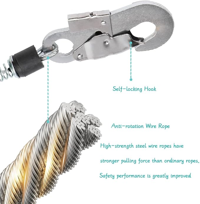 Self Retracting Lifeline 23ft 330lbs Fall Arrester Lanyard Protect Safety Harness Fall Protection with Alloy Steel Hook Steel Wire Rope