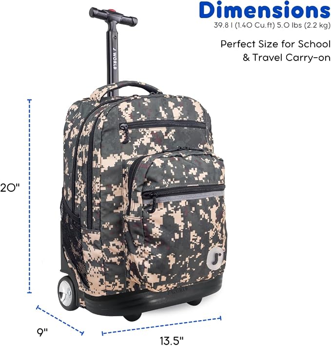 J World Sundance Laptop Rolling Backpack for Girls Boys. Roller Bookbag with Wheels, 20 Inch, Green Camo
